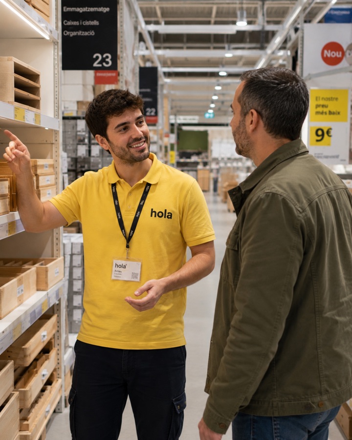 Treballador d'una botiga assessorant un client en català entre prestatgeries retolades en català