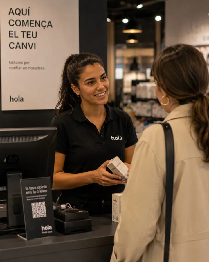 Dependenta atenent una clienta en català en un comerç